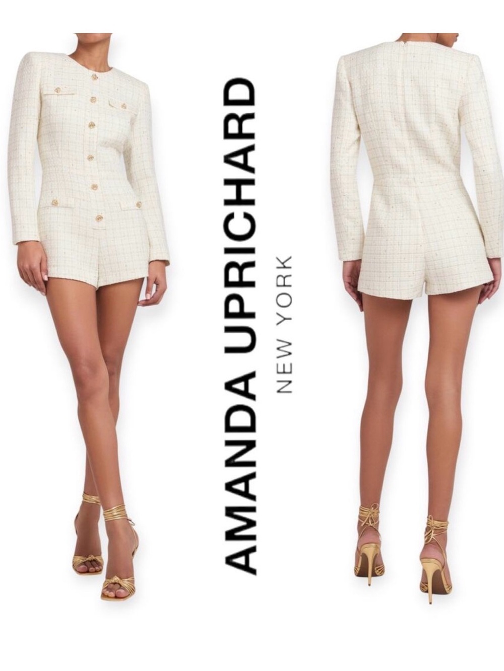 Amanda Uprichard Cream Tweed Romper with Gold Threading